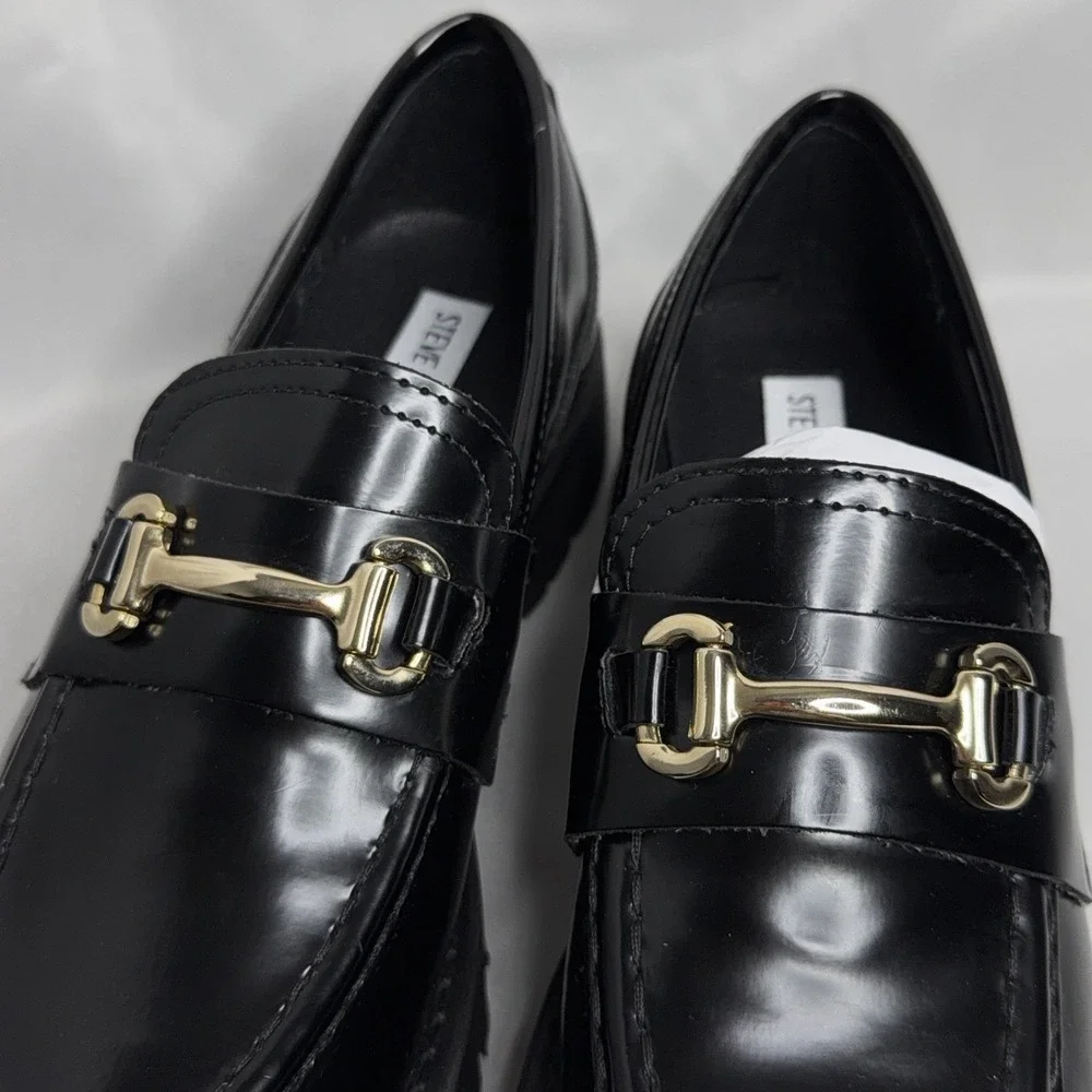 Steve Madden Lando Black Leather Chunky Loafer 8.5 Platform Lug Sole Horsebit